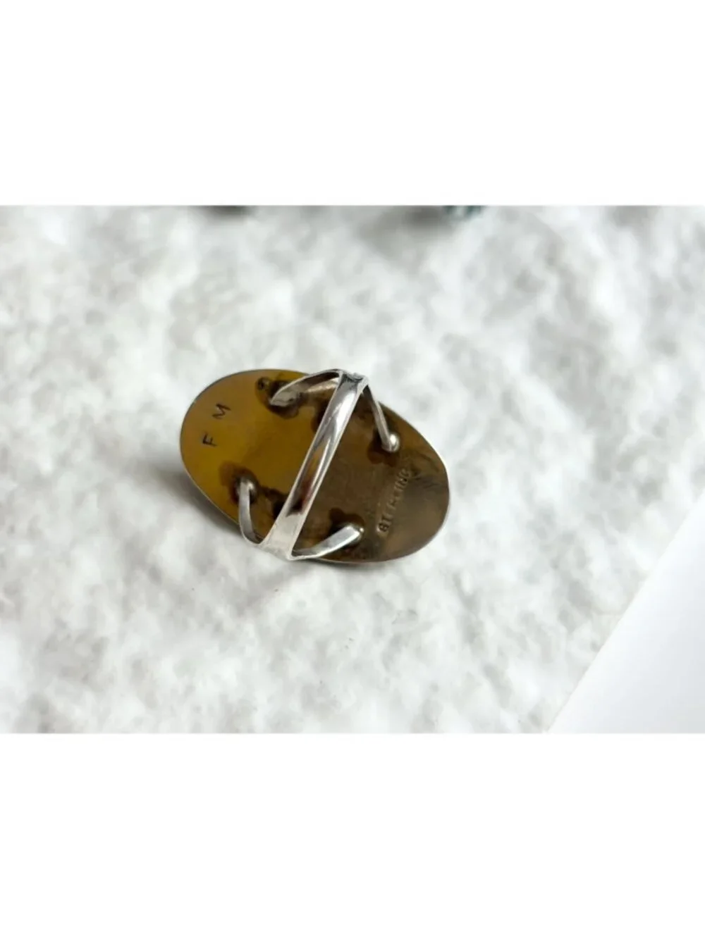 White Buffalo Turquoise Oval Jumbo Sterling Silver 925 Vintage Ring - sz 8